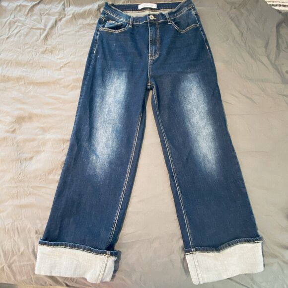 Q2 STRAIGHT JEANS Womens Size Large FOLDED HEM IN MID BLUE Fade WASH Denim L - Picture 4 of 12